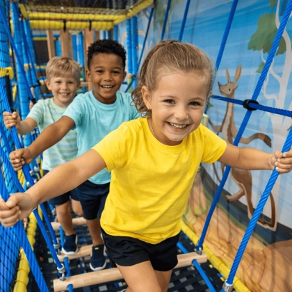 Trois enfants souriants en train de franchir un pont dans un parc de jeux indoor