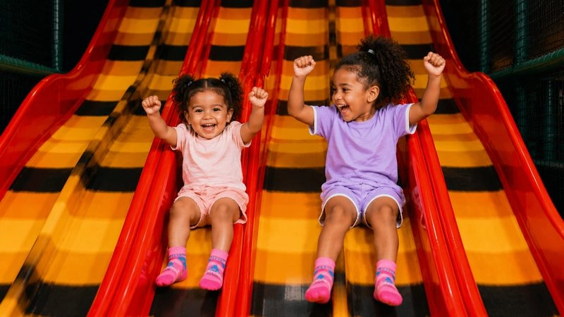 Deux enfants souriants descendant d'un toboggan dans une aire de jeux pour enfants