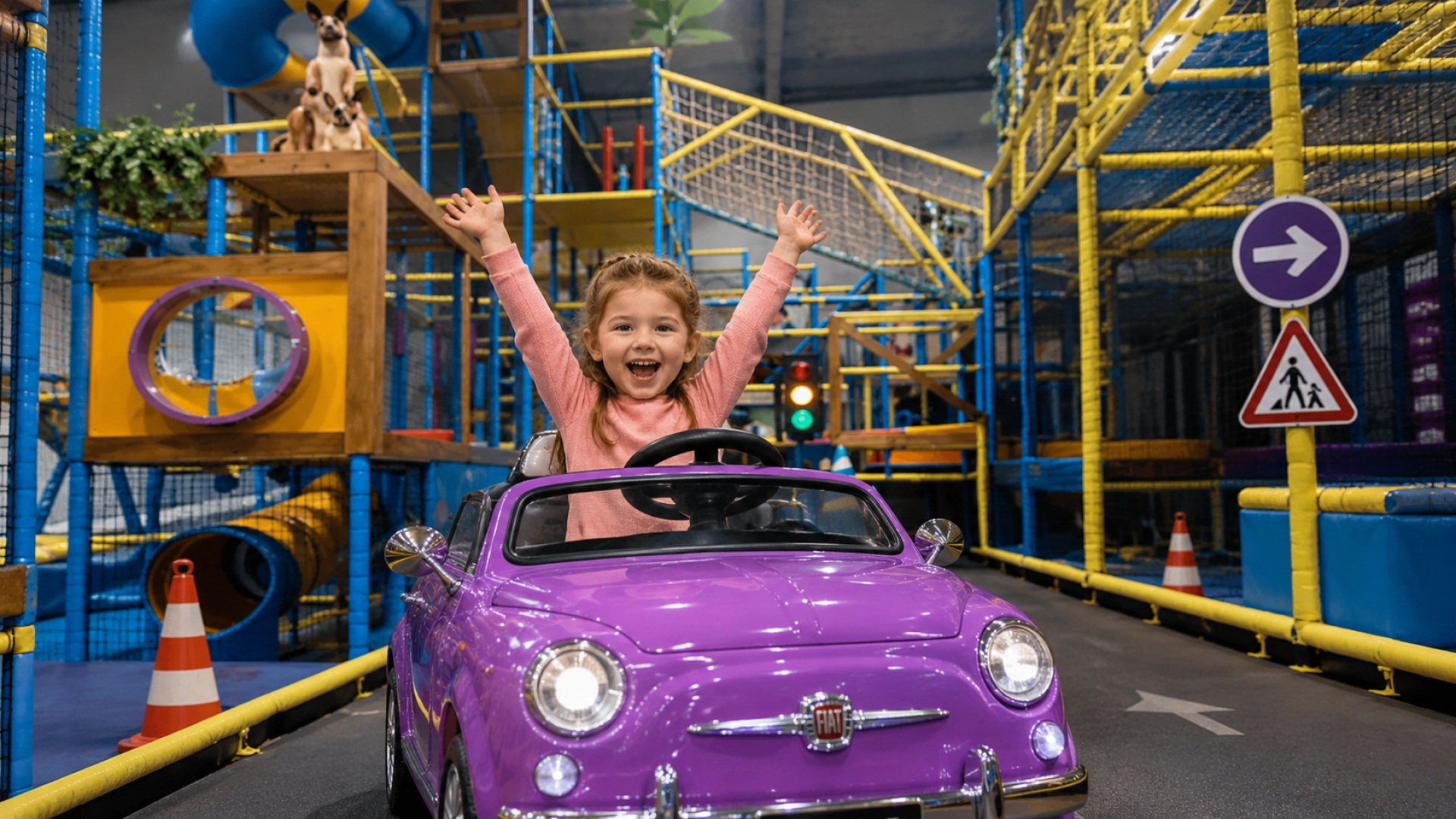 fille souriante voiture électrique parc de jeux interieur