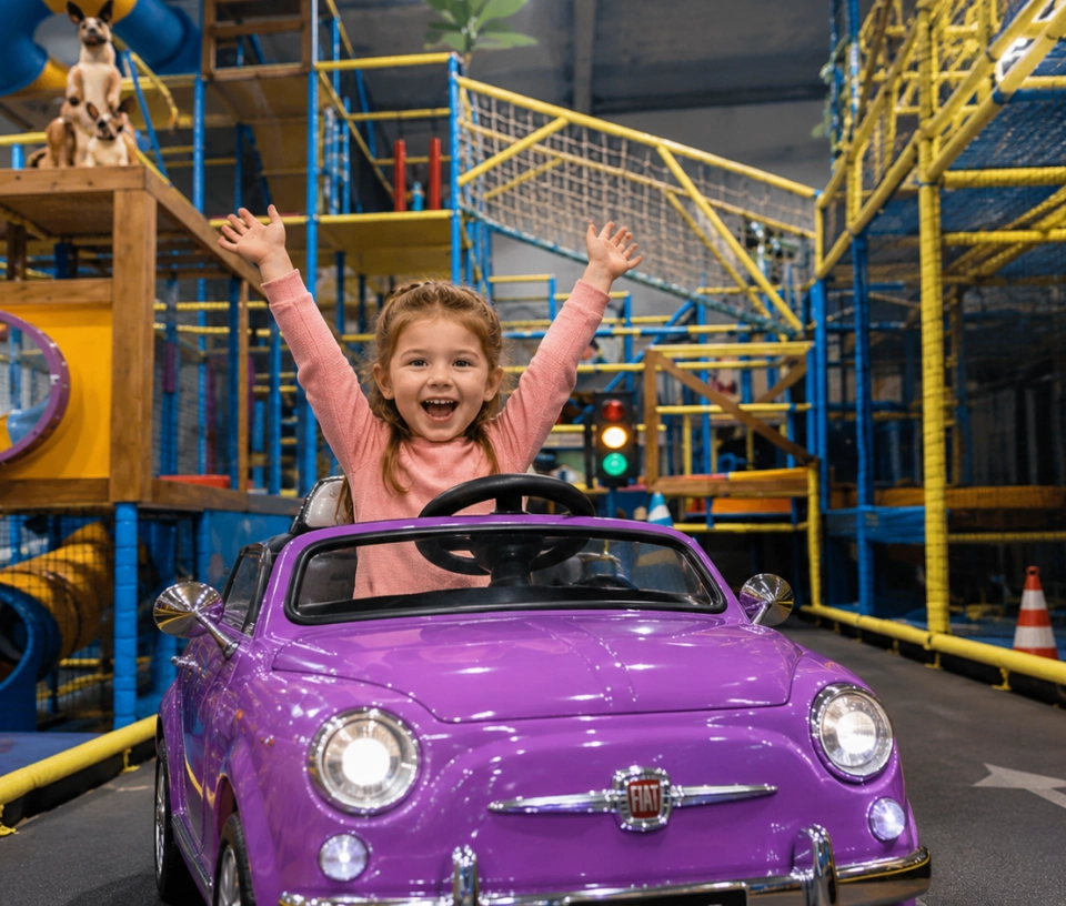 fille souriante voiture électrique parc de jeux interieur