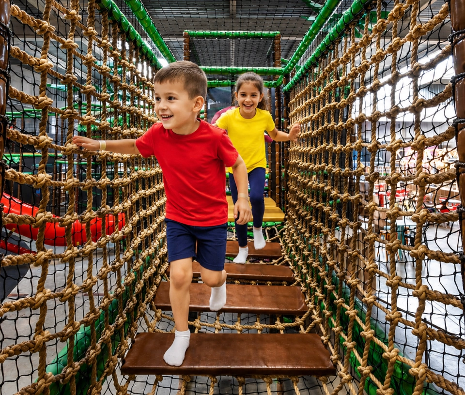 deux enfants en train de franchir le pont espace mini aventurier